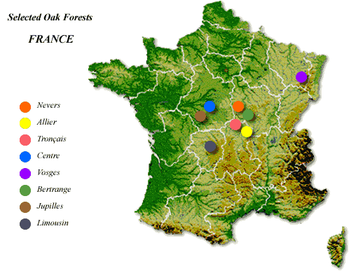 A map of France's major oak forests. Courtesy of Tonnellerie Nadalie.