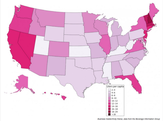 Business Insider drew a map of wine consumption in the U.S. last year.
